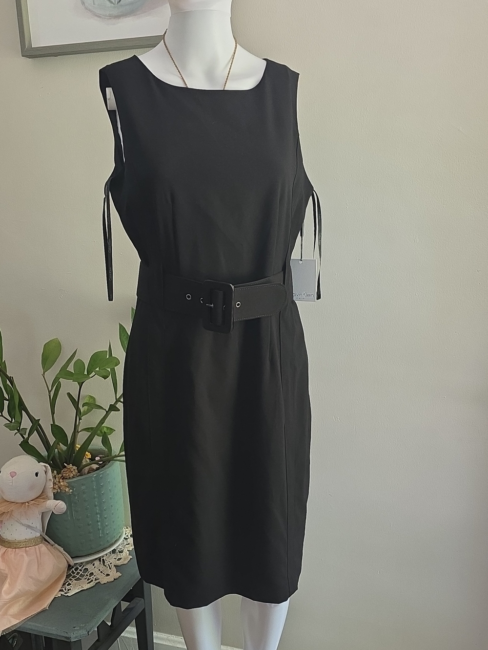 Calvin Klein Black Sleeveless Belted Midi Dress